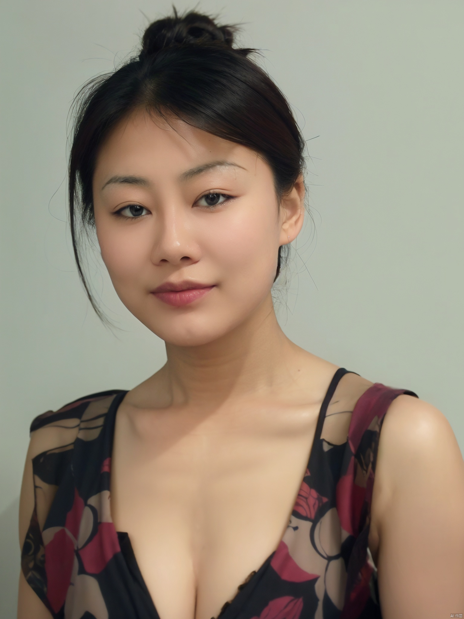 Messy bun,1girl, solo, cleavage,big breastes, flower dress,looking at viewer,Low cut evening gown,simple background, black hair, jewelry, closed mouth, earrings, black eyes, lips, makeup, lipstick, portrait, brown background, realistic,exposure blend, medium shot, bokeh, (hdr:1.4), high contrast, (cinematic, teal and orange:0.85), (muted colors, dim colors, soothing tones:1.3), low saturation
