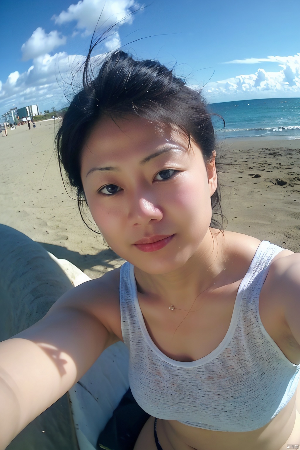  a Asian woman takes a fisheye selfie on a beach at sunshine, the wind blowing through her messy hair. The sea stretches out behind her, creating a stunning aesthetic and atmosphere with a rating of 1.2, ((poakl)), poakl ggll girl