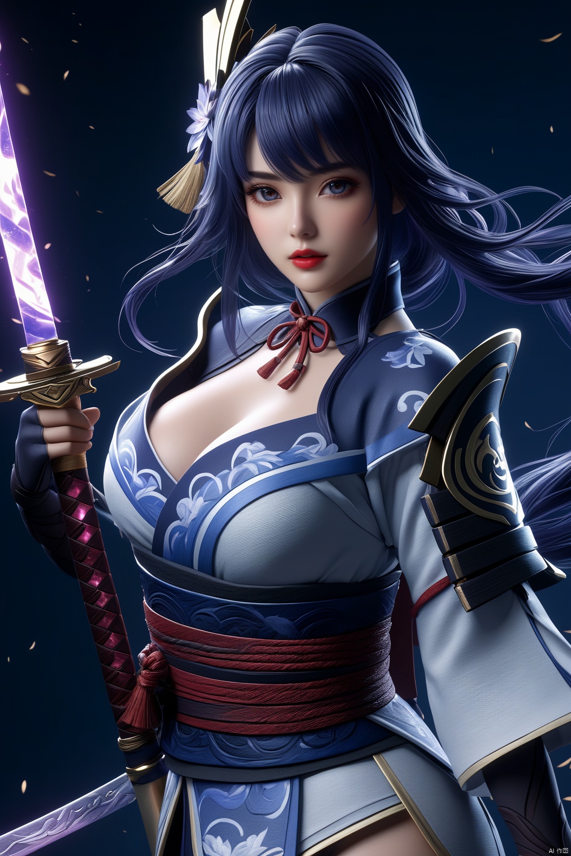  8k,RAW photo,best quality,masterpiece,hatching (texture),skin gloss,light persona,artbook,extremely detailed CG unity 8k wallpaper,official art,(high detailed skin).drawing sword,holding,holding weapon,holding sword,glowing eyes,glowing weapon,breasts center,anime background,Genshin impact,Raiden Shogun.Genshin impact,Raiden Shogun.full body,full shot,high resolution,high detail,beautiful,stunning,hyper realistic,unreal engine 5,PVC style.,(huge breasts,cleavage:1.2),ld-hd,bd-hd,,ll-hd,,ty-hd,,bj-hd