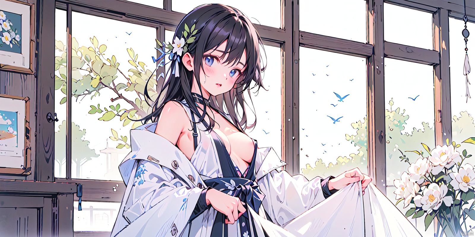  nsfw,Masterpiece high quality, (pixiv:1.4),cowboy shot, Eyebrows like willow leaves, ,The face is as beautiful as a flower, the eyes are tender. Small waist, big breasts, revealing cleavage; Lips slightly open, seductive expression., girl, meinv