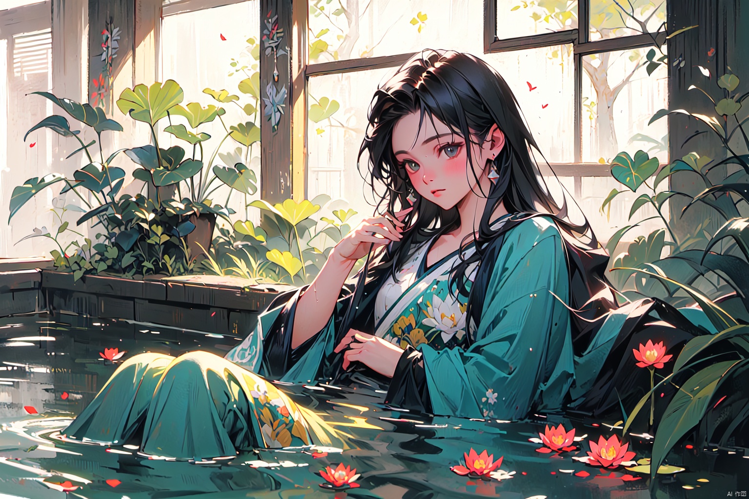 A girl lazily lying by a pool of lotuses, surrounded by blooming lotuses and green leaves. Her body gently leans against the edge of the pool, one hand supporting her cheek, the other hand gently stirring the water surface. The sunlight filters through the gaps in the leaves, casting mottled shadows on her. Her gaze is deep and tranquil, as if enjoying this peaceful moment. Sharp focus, dramatic, photorealistic painting art by midjourney and greg rutkowski, trending on ArtStation, trending on CGSociety, Intricate, High Detail.