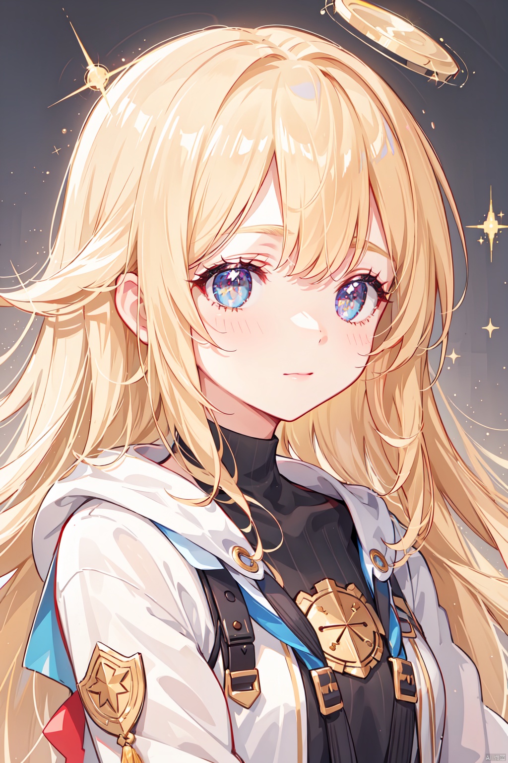 1girl, bangs, blurry, blurry_background, blurry_foreground, chromatic_aberration, close-up, depth_of_field, eye_focus, eyelashes, face, gold, light_particles, looking_at_viewer, solo, sparkle