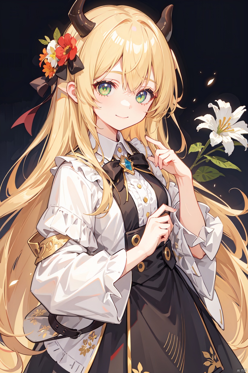 1girl, bangs, blonde_hair, closed_mouth, flower, green_eyes, hair_between_eyes, horns, long_hair, looking_at_viewer, smile, solo