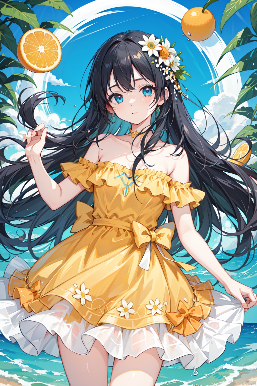 1girl, aqua_eyes, artist_name, black_hair, blue_eyes, dress, floating_hair, flower, food, fruit, lemon, lemon_slice, long_hair, orange_\(fruit\), orange_flower, orange_slice, solo, strapless, strapless_dress, white_dress, yellow_flower