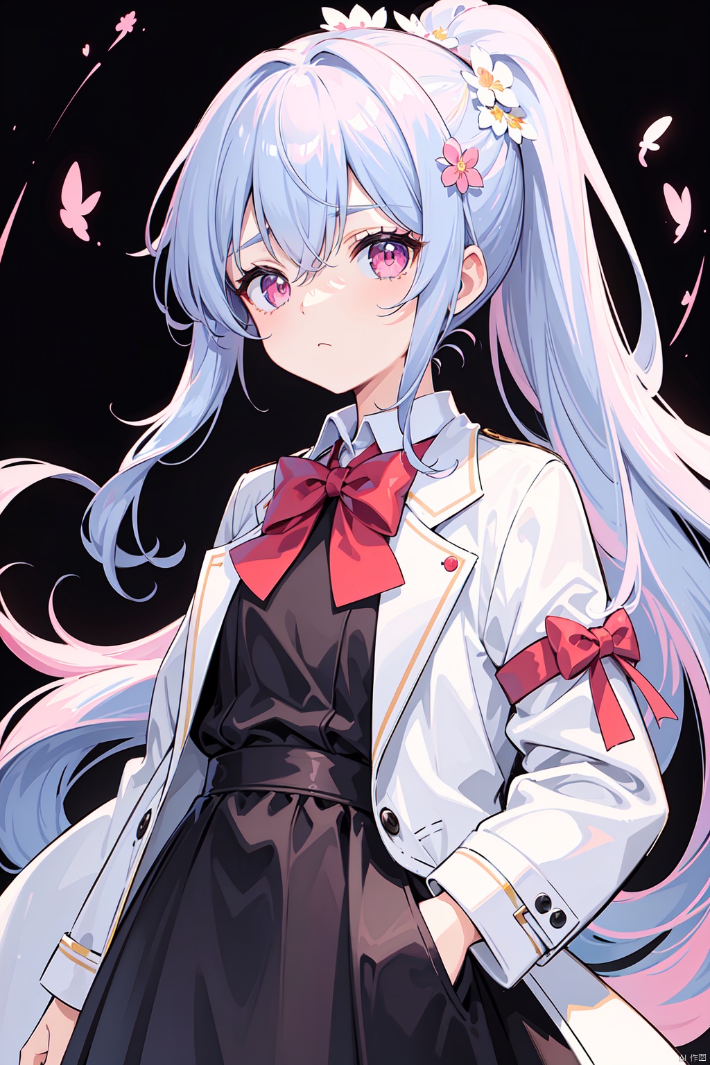 (best quality), ((masterpiece)), (highres),standing,original, extremely detailed wallpaper, (an extremely delicate and beautiful),pink eyes,,(loli),(petite),blue hair,(white Jacket),high ponytail,white collared shirt,hair flower,fipped hair,floating hair,Frown,hands in pockets,black dress,red bowtie,(solo),