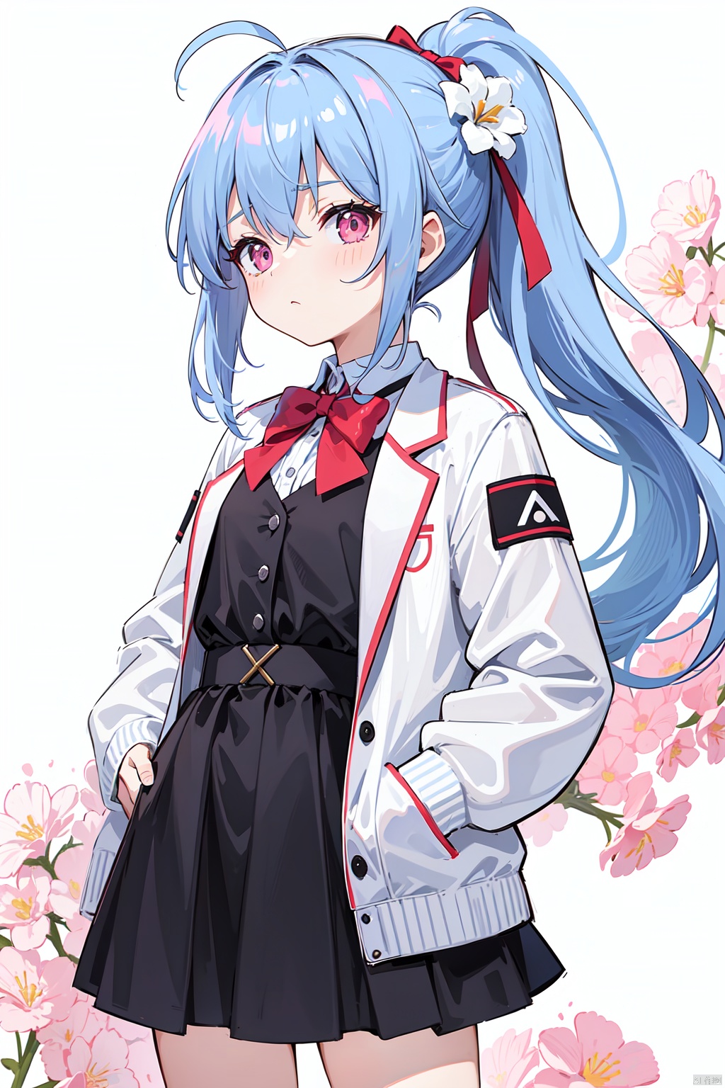 (best quality), ((masterpiece)), (highres),standing,original, extremely detailed wallpaper, (an extremely delicate and beautiful),pink eyes,,(loli),(petite),blue hair,(white Jacket),high ponytail,white collared shirt,hair flower,fipped hair,floating hair,Frown,hands in pockets,black dress,red bowtie,(solo),