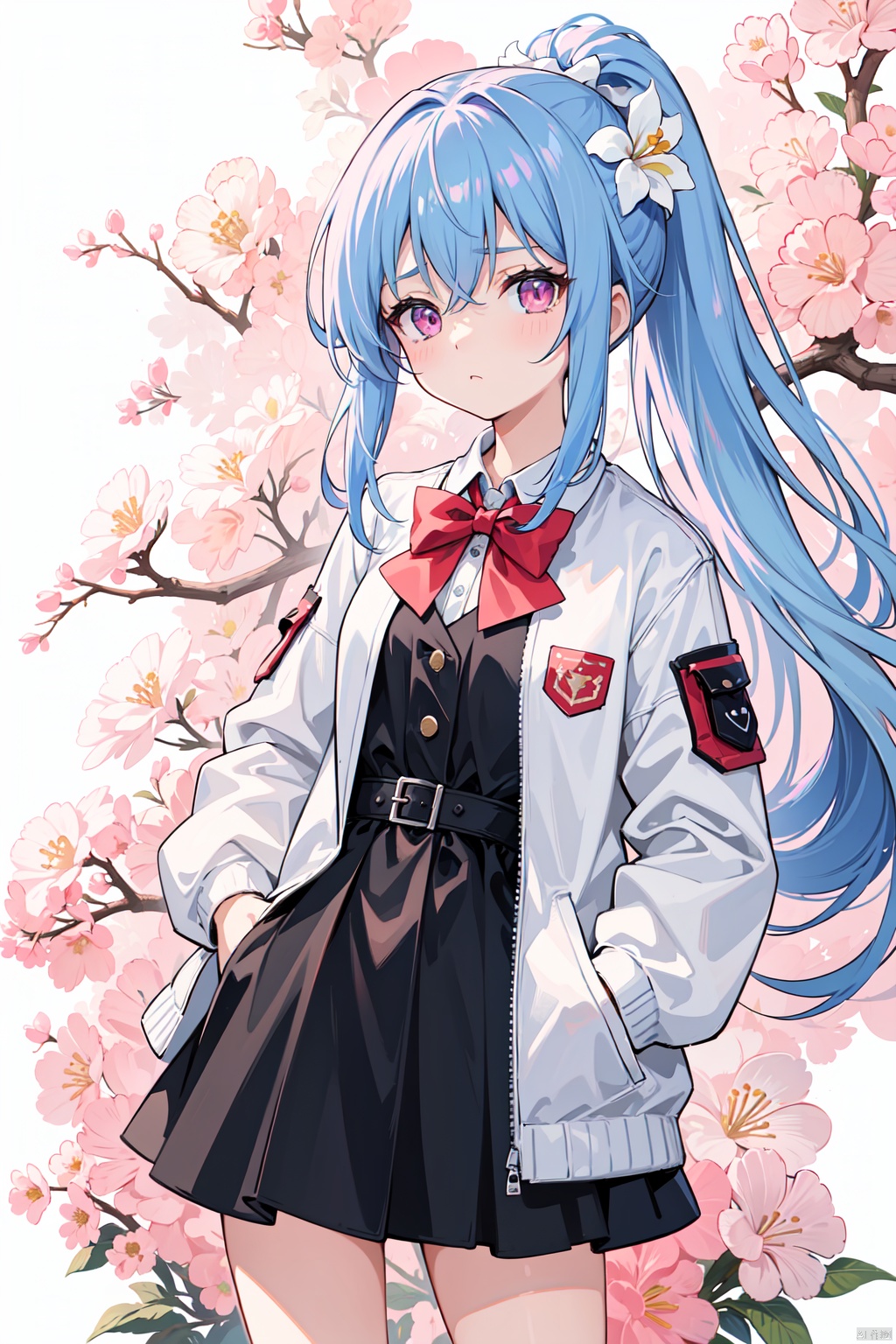 (best quality), ((masterpiece)), (highres),standing,original, extremely detailed wallpaper, (an extremely delicate and beautiful),pink eyes,,(loli),(petite),blue hair,(white Jacket),high ponytail,white collared shirt,hair flower,fipped hair,floating hair,Frown,hands in pockets,black dress,red bowtie,(solo),