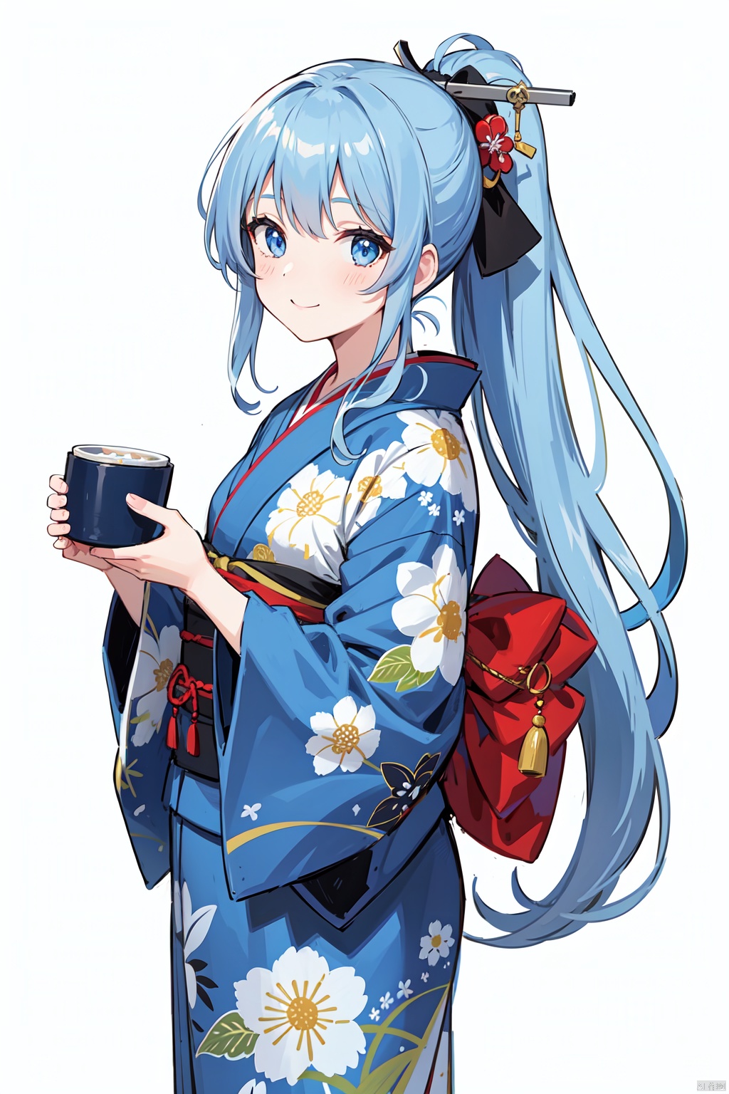 1girl, alternate_costume, bag, blue_eyes, blue_hair, floral_print, japanese_clothes, kimono, kinchaku, long_hair, looking_at_viewer, obi, ponytail, pouch, print_kimono, samidare_\(kancolle\), sash, simple_background, smile, solo, twitter_username, very_long_hair, white_background, yukata