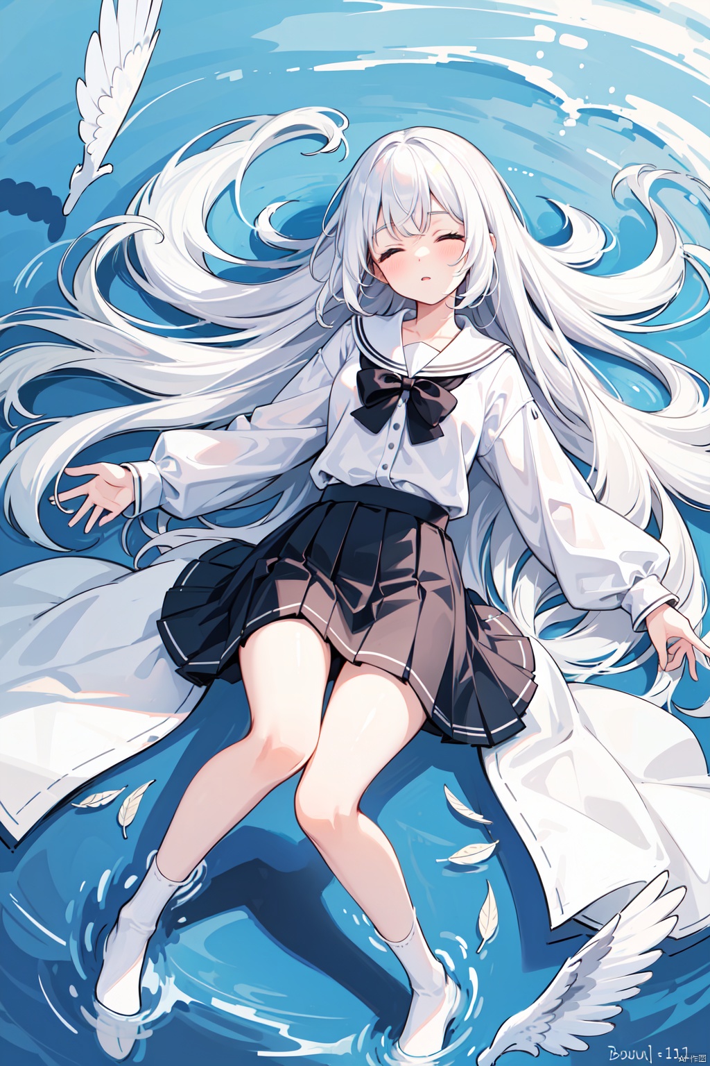best illustration,(colorful),(from above:1.4),((close up)),(1girl:1.2),(lying_on_water:1.2),(floating on water),full body,(beautiful and delicate face),(beautiful long white hair),(very long white hair),closed eyes,small breasts,(black pleated skirt:1.25), (facing up), water background,(reflective water surface),(flouds in water :1.4),(clouds in water),water with feathers, masterpiece, 1girl,((white hair)),(collared shirt),(white stocking),solo,collarbone,slim legs,(hand on own chest), (water background:1.2),