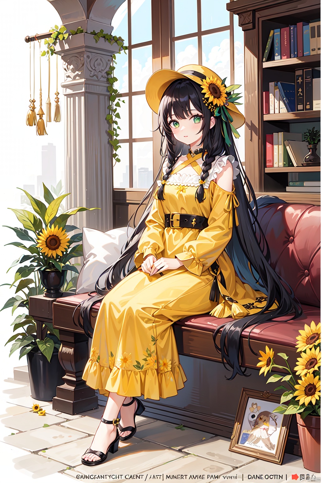 1girl, bird, flower, long hair, grapes, black hair, sitting, solo, green eyes, pillar, fruit, book, hair ornament, food, hat, plant, dress, jewelry, long sleeves, green dress, vase, braid, railing, column, very long hair, book stack, watermark, beads, full body, sunflower, yellow dress, tassel, leaf