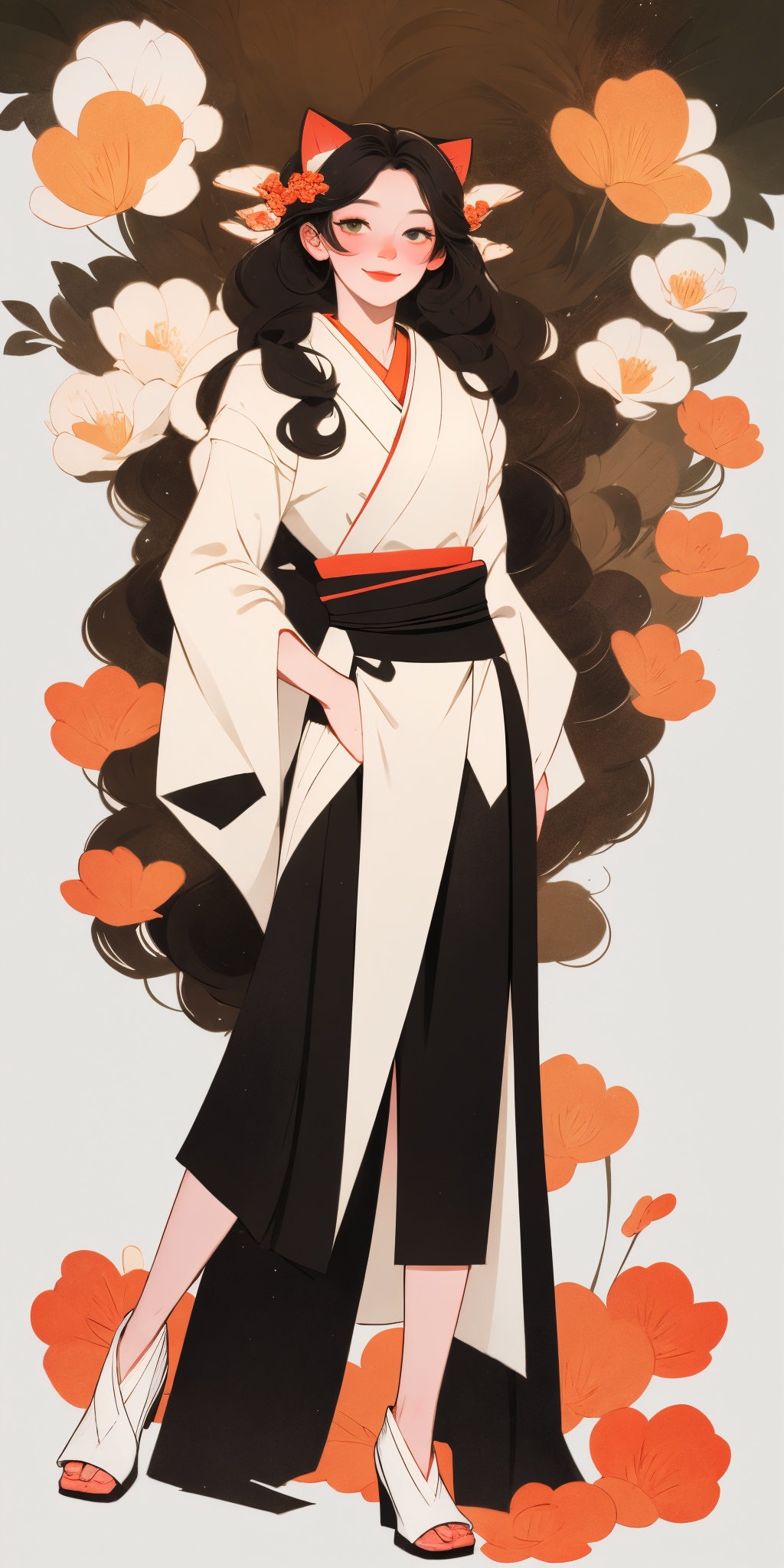 (full body portrait of a Japanese girl in the style of Conrad Roset,  Nicola Samori),  (extra long shiny black curly hair...