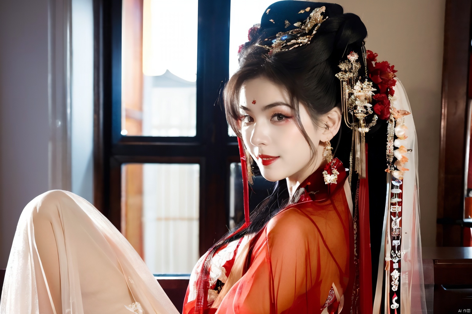 1girl, photorealistic, masterpiece, best quality, dark shot, (photo of portrait:1.2), solo, smile, looking at viewer, long black hair, Full-body photos,（wearing a red Chinese wedding dress：1.4）, （an ancient bride adorned with gold hairpins and silver jewelry）, an extremely delicate and beautiful,real person, fair skin,((Slender and perfect long legs)), （Perfect hands：1.4）plentiful,breasts,(see-through:1.4) ,（blackpantyhose：1.2）,Red,