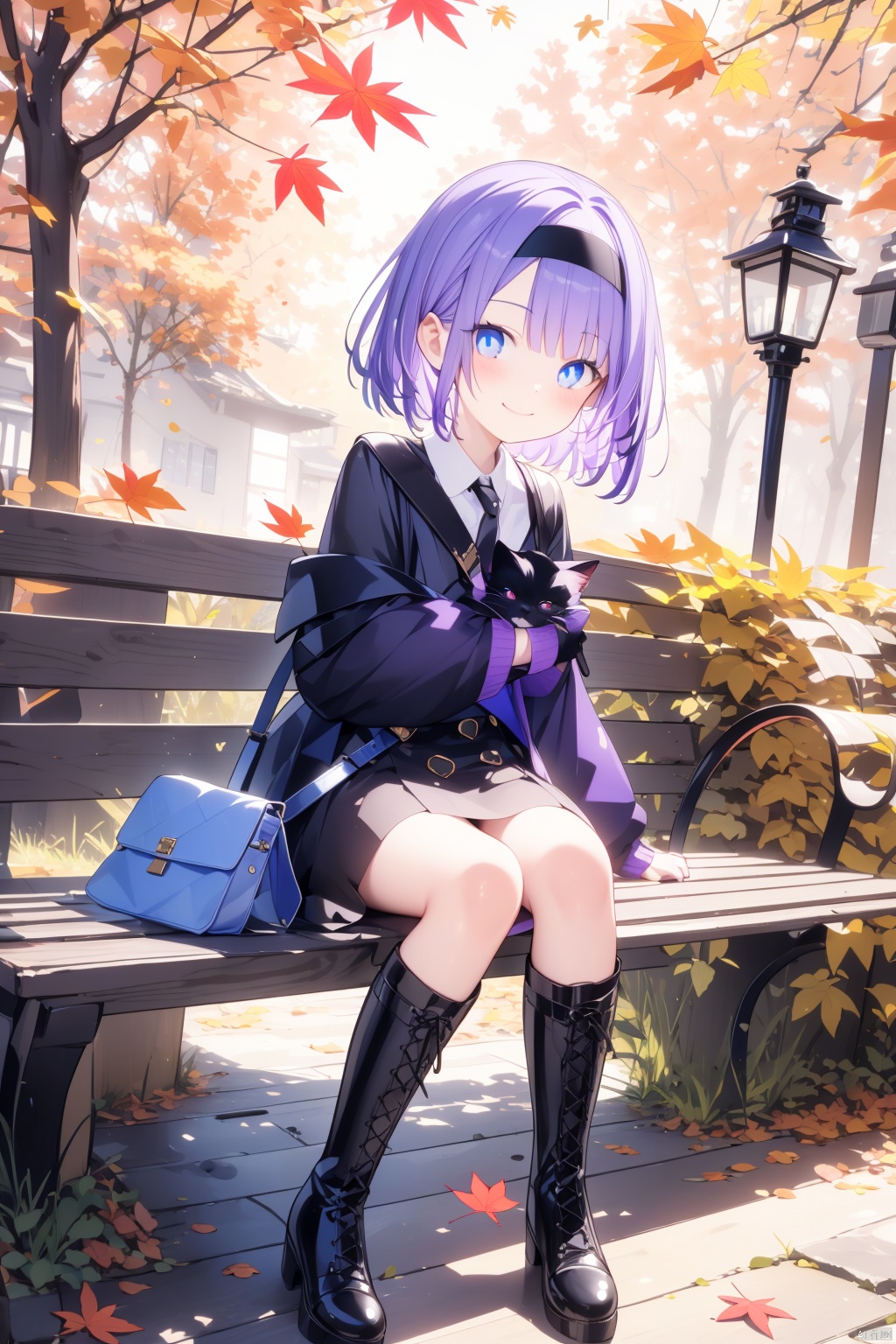  (best quality),(masterpiece),1girl, cat, short hair, blue eyes, sitting, boots, dress, bench, hairband, solo, smile, bag, food, looking at viewer, autumn, outdoors, crepe, black cat, knee boots, blush, autumn leaves, purple hair,
