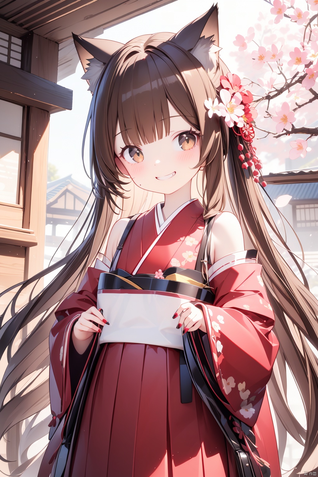  (best quality),(masterpiece),solo, 1girl, animal ears, underwear, smile, long sleeves, long hair, very long hair, wide sleeves, kimono, japanese clothes, holding, flower, cat ears, blush, looking at viewer, fingernails, red nails, light brown hair, obi, bangs, sash, nail polish, pink flower, hair ornament, frills, animal ear fluff, skirt, cherry blossoms, brown eyes, grin, bare shoulders, short kimono, red skirt, white flower, detached sleeves, branch, hair flower