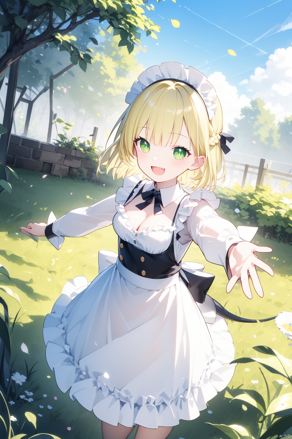  (best quality),(masterpiece),1girl, animal ears, breasts, solo, green eyes, cleavage, blonde hair, open mouth, maid, tail, maid headdress, smile, wrist cuffs, looking at viewer, braid, apron, grass, medium breasts, outstretched arms, fang, petals, short hair, outdoors, ribbon, :d, frills
