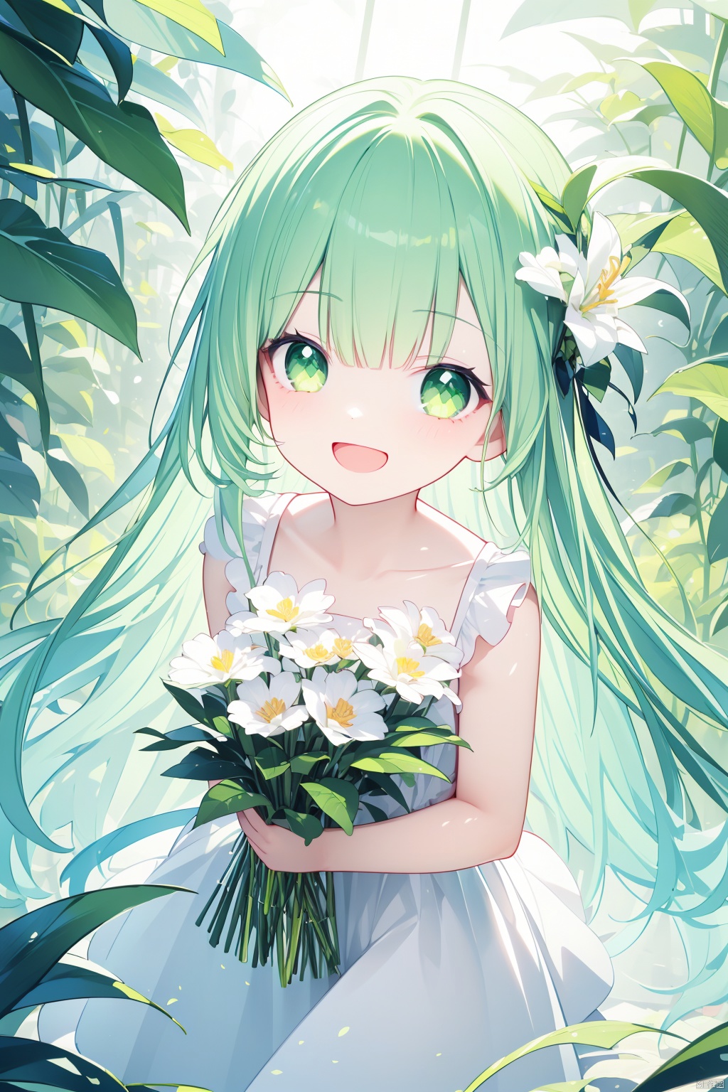  (best quality),(masterpiece),(best quality),(masterpiece),1girl, flower,white dress, solo, green hair, long hair, smile, open mouth, looking at viewer, bangs, white flower, green eyes,
