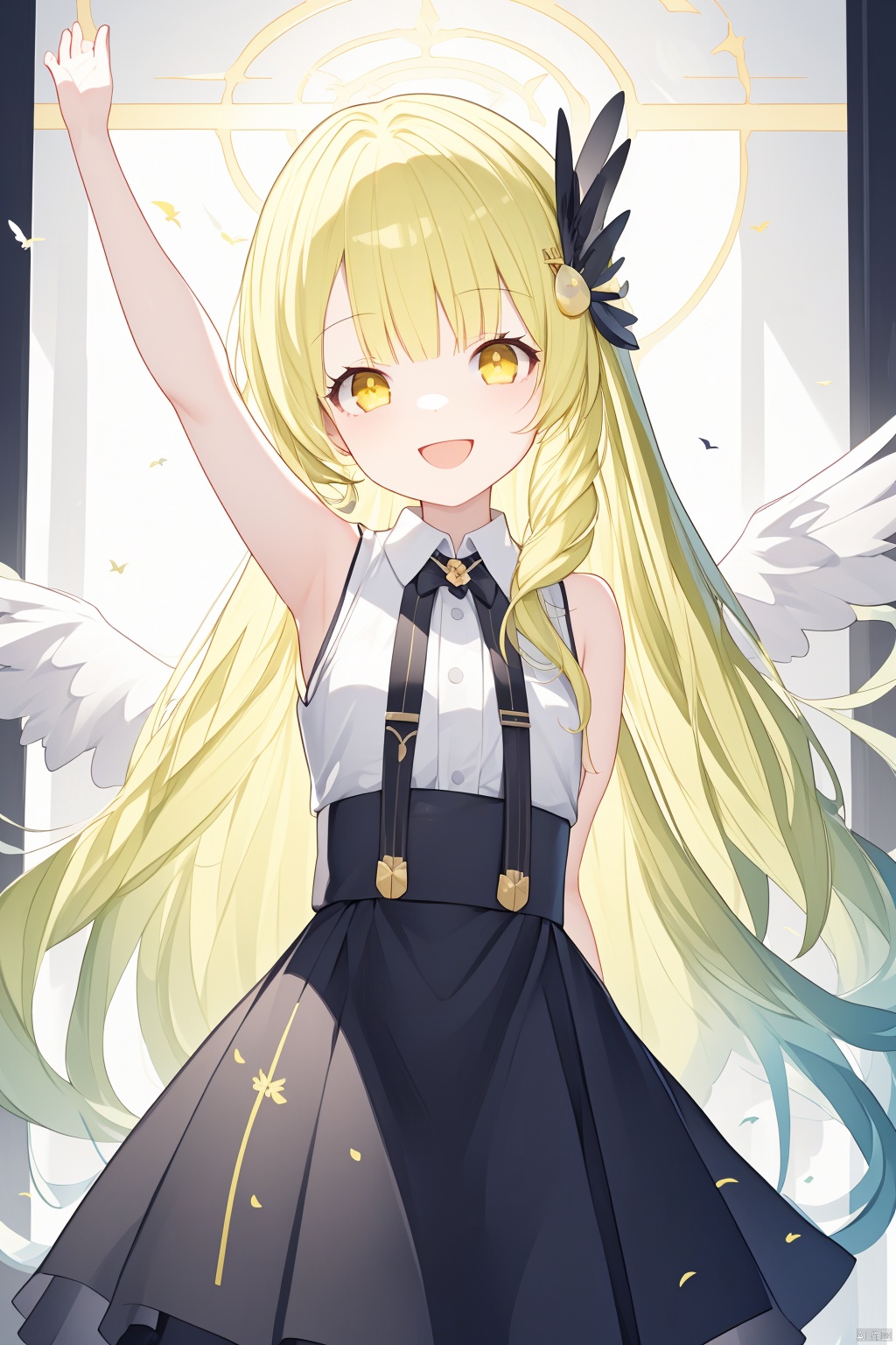 (best quality),(masterpiece),1girl, solo, long_hair, dress, smile, very_long_hair, open_mouth, breasts, bird, looking_at_viewer, sleeveless, outstretched_arm, hair_ornament, yellow_eyes, arm_up, wings, hand_on_own_chest