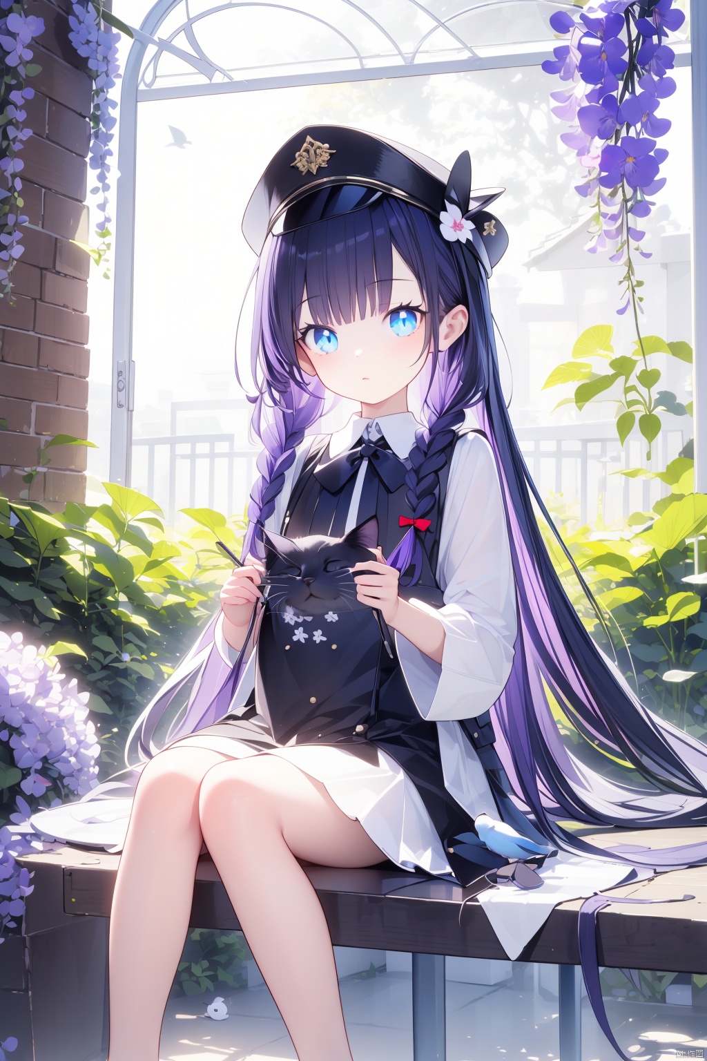 (best quality),(masterpiece),1girl, solo, long hair, blue eyes, wisteria, flower, cat, umbrella, dress, braid, sitting, bird, twin braids, very long hair, hat, looking at viewer, scenery, holding
