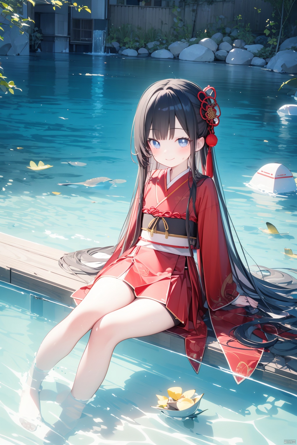  (best quality),(masterpiece),[iumu],[Sheya],[Artist chen bin],1girl,full body,long hair,(red hanfu),Han Chinese Clothing,wide skirt,gauze skirt,sea,Sitting in the water,light smile,detail fingers,blush,loli
