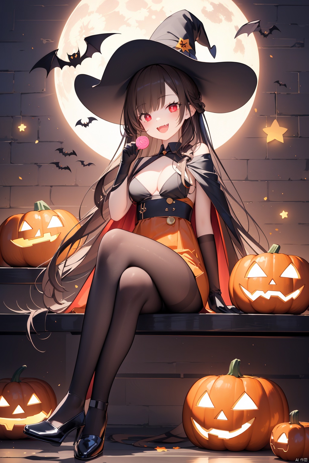  (best quality),(masterpiece),1girl, hat, red eyes, jack-o'-lantern, pantyhose, witch hat, brown hair, crossed legs, long hair, halloween, black footwear, high heels, cape, breasts, sitting, looking at viewer, smile, open mouth, moon, solo, food, ghost, :d, dress, candy, bat (animal), gloves, pumpkin, halloween bucket, orange dress, black cape, holding, black gloves, full moon, bangs, lollipop, head wings, black headwear, animal, medium breasts, cat, shoes, very long hair, fang, star (symbol), cleavage, multicolored cape, fangs