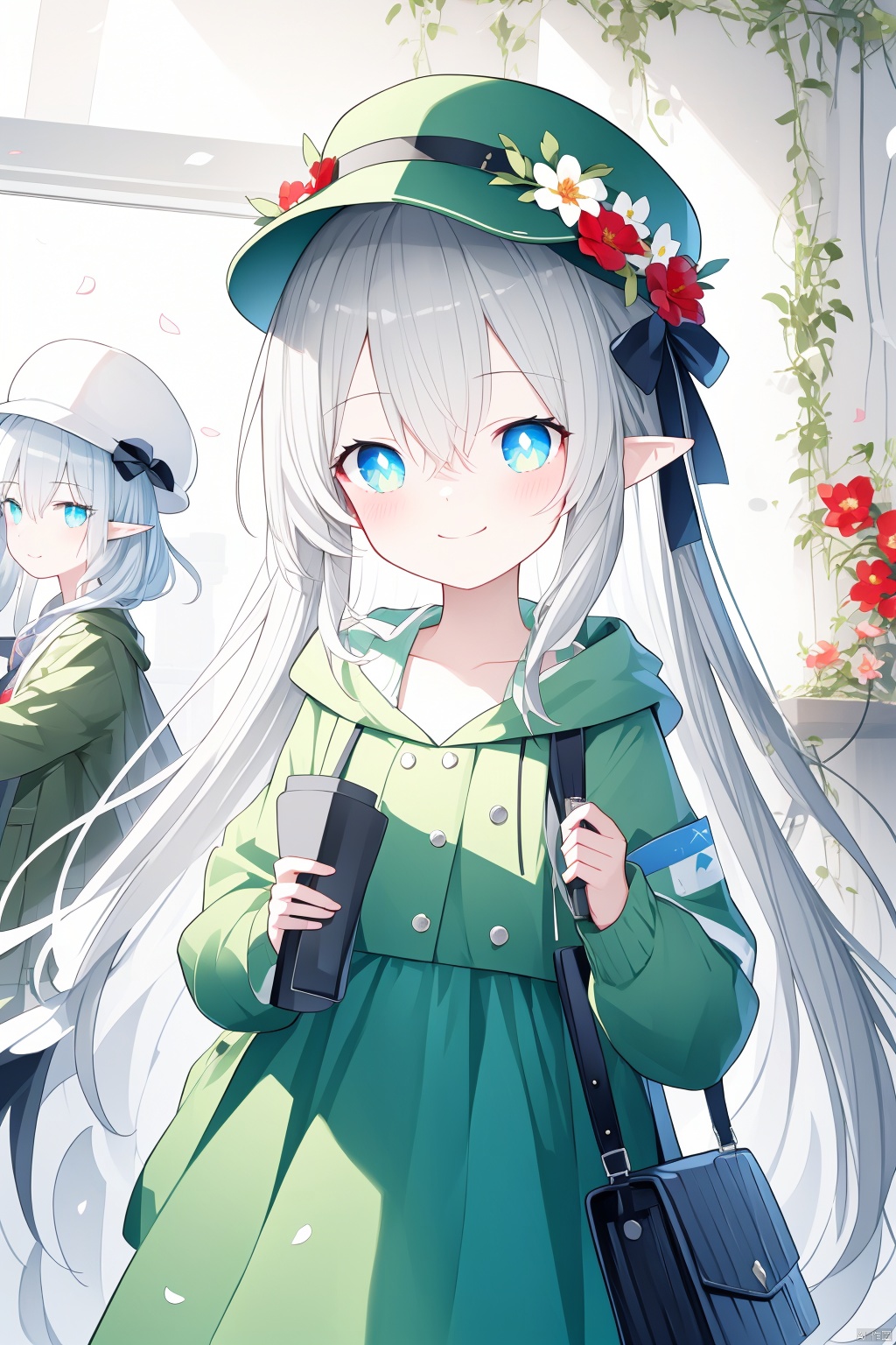 (best quality),(masterpiece),white_dress, dress, flower, jacket, long_hair, long_sleeves, smile, 2girls, blue_eyes, closed_mouth, hat, very_long_hair, head_wreath, multiple_girls, pointy_ears, green_jacket, flower_wreath, open_clothes, open_jacket, hood_down, blush, collarbone, shoulder_bag, bag, white_hair, animal_ears, cabbie_hat, hair_between_eyes, white_headwear, fire, petals, red_flower, white_flower, looking_at_viewer, holding, grey_hair, standing, hooded_jacket