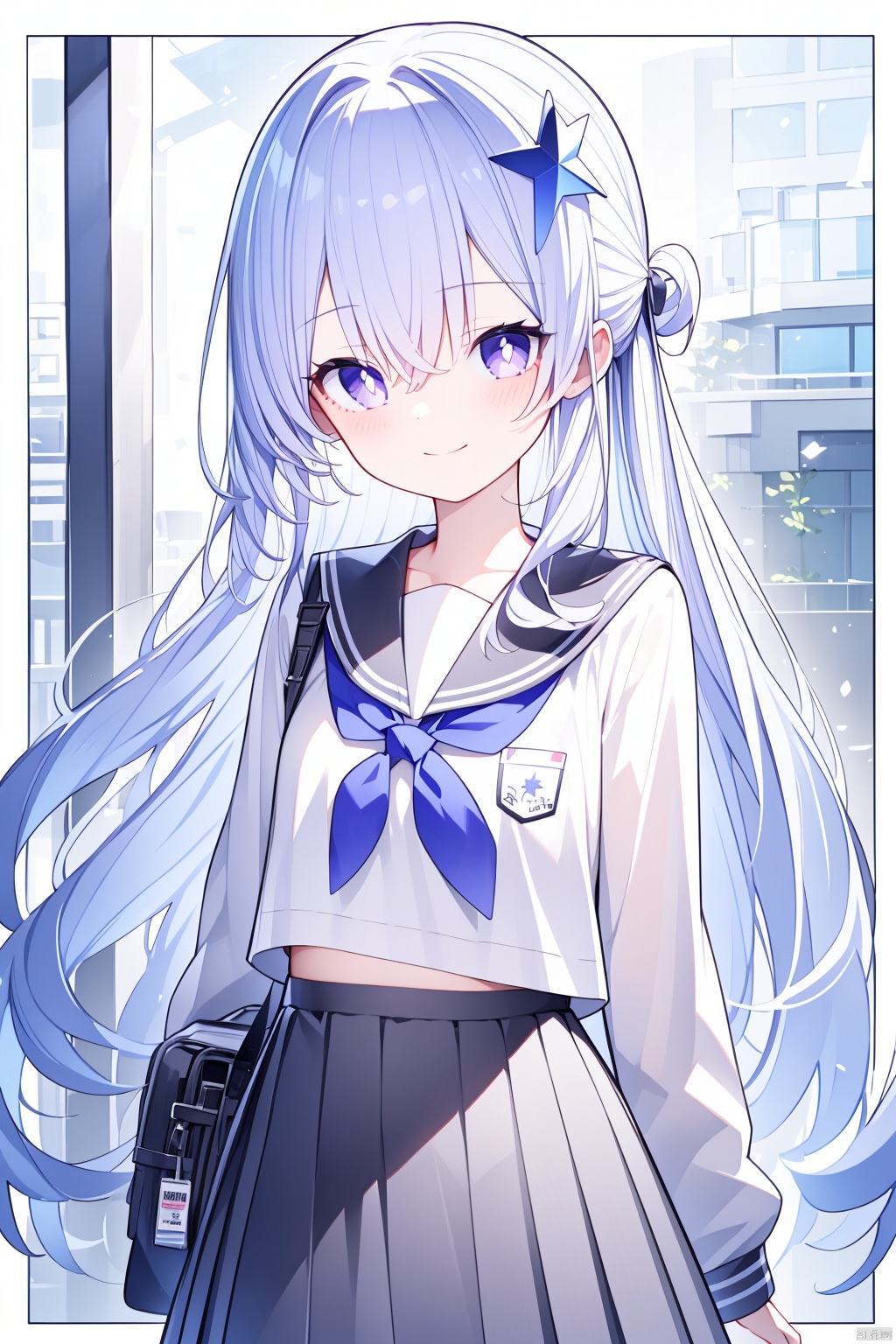  (best quality),(masterpiece),solo, 1girl, star_\(symbol\), long_hair, skirt, sailor_collar, looking_at_viewer, purple_eyes, neckerchief, long_sleeves, school_uniform, white_skirt, smile, closed_mouth, white_sailor_collar, blush, black_neckerchief, shirt, border, white_shirt, serafuku, hair_ornament, white_serafuku, hair_between_eyes, very_long_hair, pleated_skirt