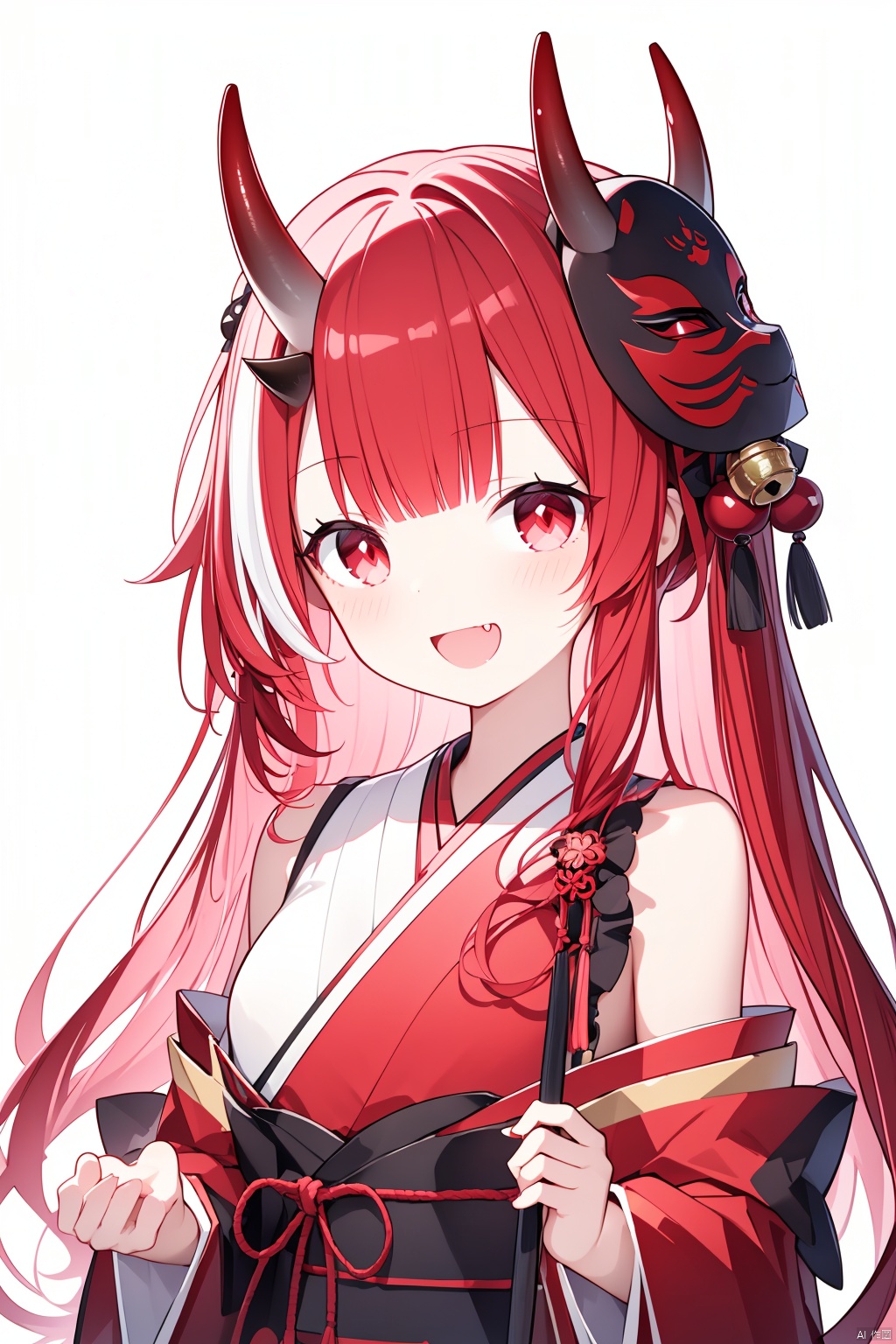  (best quality),(masterpiece),1girl, solo, bell, hair bell, virtual youtuber, nakiri ayame, long hair, horns, red eyes, hair ornament, double bun, hair bun, smile, mask, white hair, oni horns, oni mask, upper body, multicolored hair, blush, white background, open mouth, jingle bell, japanese clothes, mask on head, red hair, bare shoulders, kimono, simple background, streaked hair, holding, off shoulder, bangs, :d, tassel, oni, breasts, fang