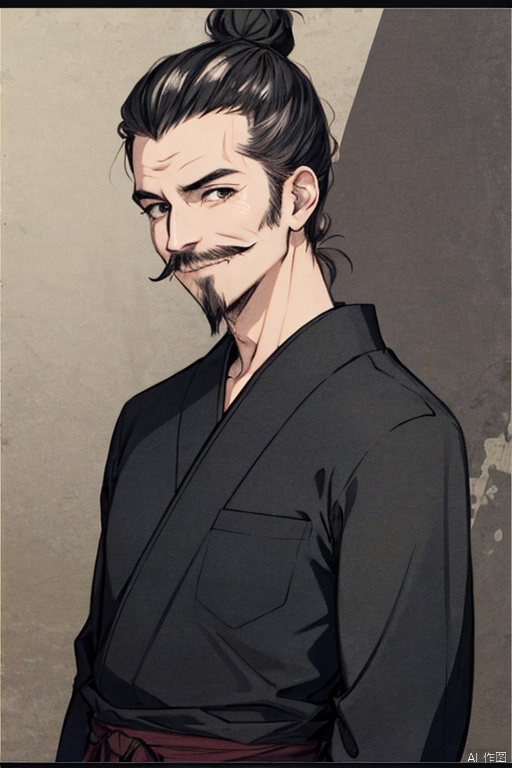 solo,highly detailed,(best quality),((masterpiece)),jx,1boy,facial hair,male focus,solo,beard,mustache,upper body,,black eyes,black hair,single hair bun,japanese clothes,long sleeves,old man,short hair,((evil smile)),(((old))),(arms behind back),portrait,