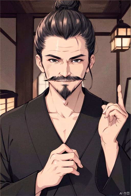 solo,highly detailed,(best quality),((masterpiece)),jx,1boy,facial hair,male focus,solo,beard,mustache,upper body,,black eyes,black hair,single hair bun,japanese clothes,long sleeves,old man,short hair,((evil smile)),(((old))),