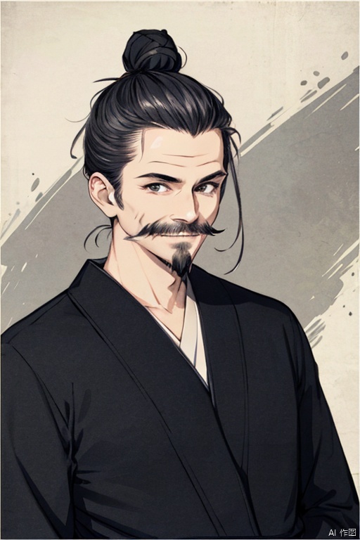 solo,highly detailed,(best quality),((masterpiece)),jx,1boy,facial hair,male focus,solo,beard,mustache,upper body,,black eyes,black hair,single hair bun,japanese clothes,long sleeves,old man,short hair,((evil smile)),(((old))),(arms behind back),portrait,