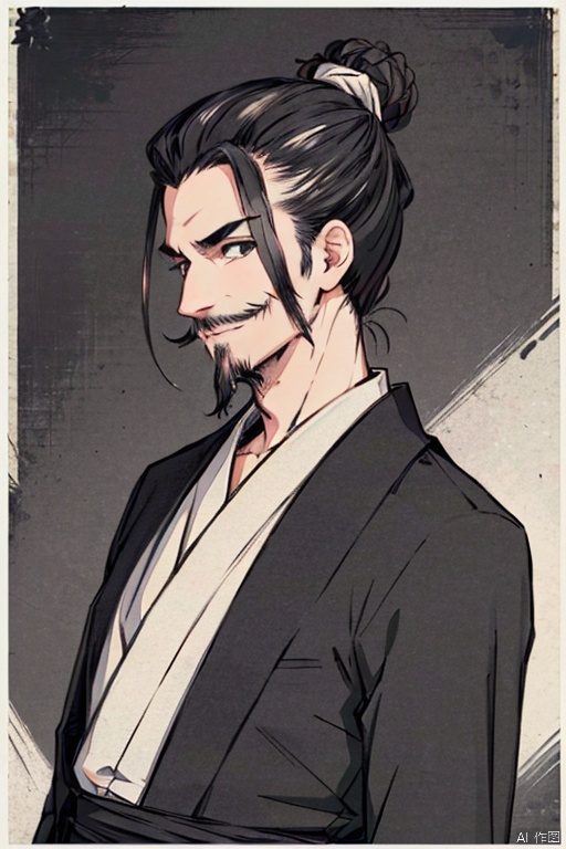  solo,highly detailed,(best quality),((masterpiece)),jx,1boy,facial hair,male focus,solo,beard,mustache,upper body,,black eyes,black hair,single hair bun,japanese clothes,long sleeves,old man,short hair,((evil smile)),(((old))),(arms behind back),portrait,(long beard),