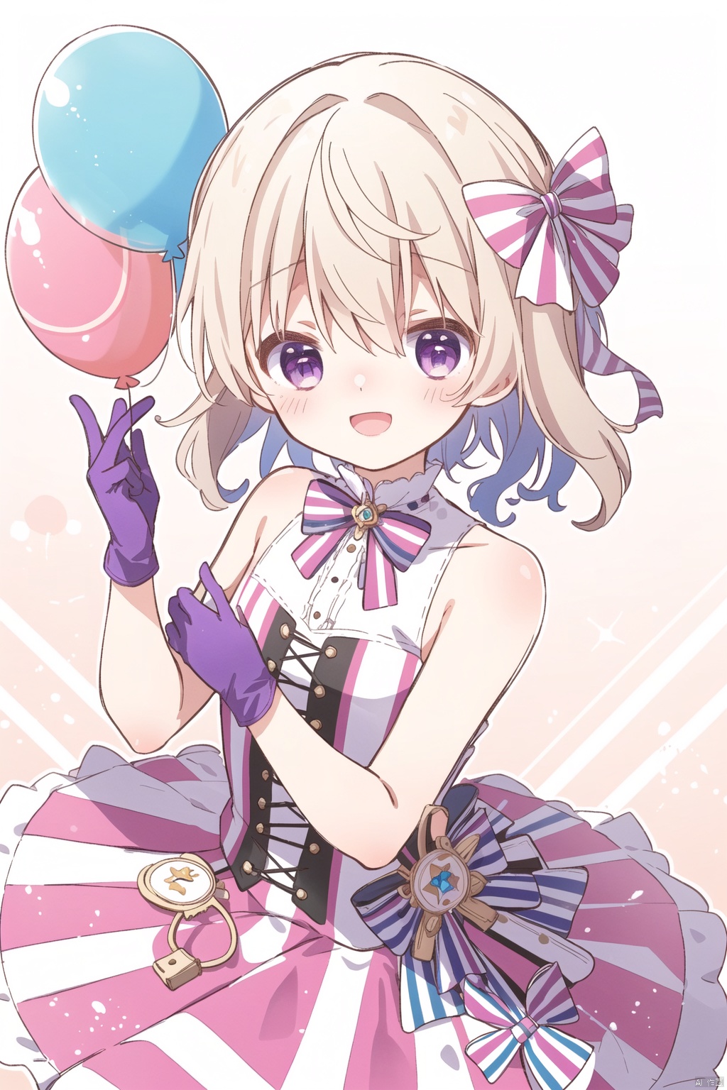  sa-fu \(sfmk39\), (best quality),(masterpiece),1girl, solo, gloves, one eye closed, purple gloves, elbow gloves, dress, bow, smile, v, ;d, open mouth, bare shoulders, hair between eyes, looking at viewer, balloon, ferris wheel, striped bow, small breasts, striped
