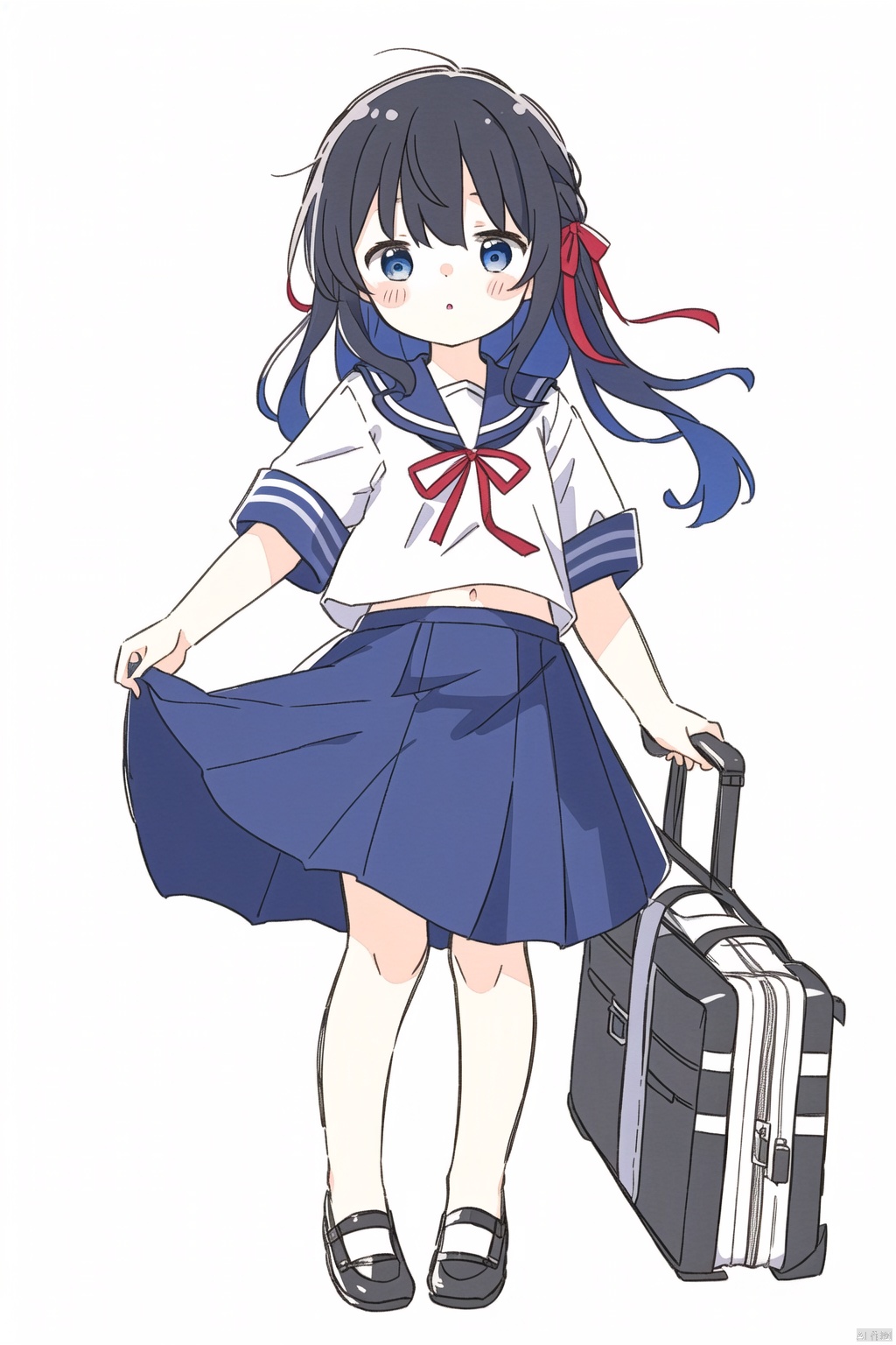  sa-fu \(sfmk39\)(masterpiece),(best quality),illustration,ultra detailed,hdr,Depth of field,(colorful),[iumu],[Sheya],[Artist chen bin], Artist ogipote, 1girl, solo, blue eyes, dress, white sailor collar, short sleeves, white background, sleeveless, white shirt, blush, shirt, sleeveless dress, simple background, looking at viewer, black hair, sailor collar, school uniform, bow, black dress, red ribbon, ribbon, holding, hair ribbon, school bag, bag, sailor dress, head tilt, hair between eyes, school briefcase, closed mouth, hand up, briefcase, pinafore dress, parted lips
负向提示unaestheticXLv13, negativeXL_D, signature, bad anatomy, blurry, disembodied limb, Two navel eyes, worst quality, Hand with excessive fingers,Foot with excessive toes,Hand with surplus fingers,Hand with deficient fingers,Abnormal anato
