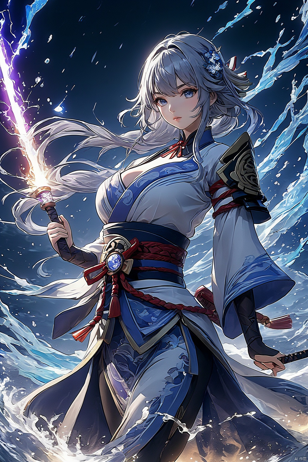  (masterpiece, top quality, best quality, official art, beautiful and aesthetic:1.2),(1girl:1.2),cute,extreme detailed,(silver_hair:1.1),fate \(series\),colorful,highest detailed,fire,ice,lightning,(splash_art:1.2),jewelry:1.4,hanfu,scenery,ink, Genshin impact , Raiden Shogun.full body,full shot, anime background, high resolution, high detail, beautiful, stunning, hyper realistic, unreal engine 5,(huge breasts,cleavage:1.2),ld-hd,bd-hd,,ll-hd,,ty-hd,,bj-hd