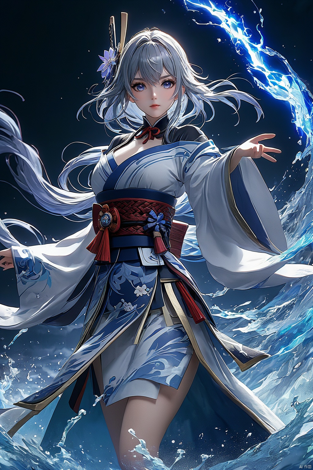  (masterpiece, top quality, best quality, official art, beautiful and aesthetic:1.2),(1girl:1.2),cute,extreme detailed,(silver_hair:1.1),fate \(series\),colorful,highest detailed,fire,ice,lightning,(splash_art:1.2),jewelry:1.4,hanfu,scenery,ink, Genshin impact , Raiden Shogun.full body,full shot, anime background, high resolution, high detail, beautiful, stunning, hyper realistic, unreal engine 5,(huge breasts,cleavage:1.2),ld-hd,bd-hd,,ll-hd,,ty-hd,,bj-hd