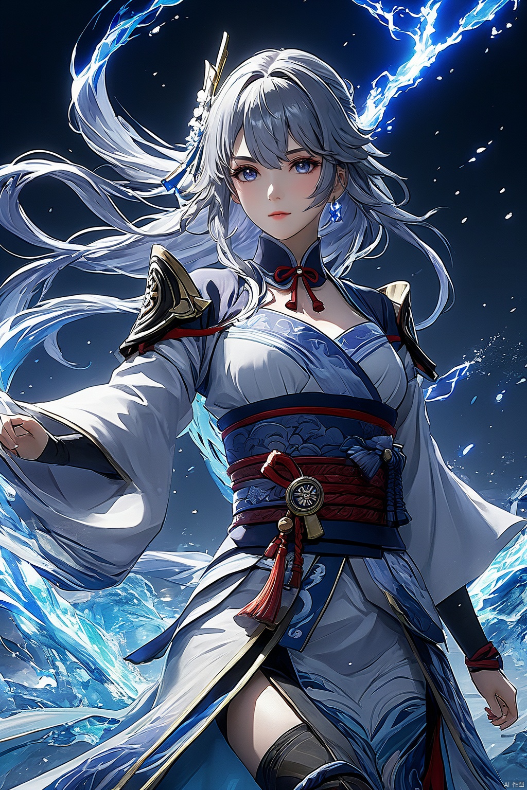  (masterpiece, top quality, best quality, official art, beautiful and aesthetic:1.2),(1girl:1.2),cute,extreme detailed,(silver_hair:1.1),fate \(series\),colorful,highest detailed,fire,ice,lightning,(splash_art:1.2),jewelry:1.4,hanfu,scenery,ink, Genshin impact , Raiden Shogun.full body,full shot, anime background, high resolution, high detail, beautiful, stunning, hyper realistic, unreal engine 5,(huge breasts,cleavage:1.2),ld-hd,bd-hd,,ll-hd,,ty-hd,,bj-hd
