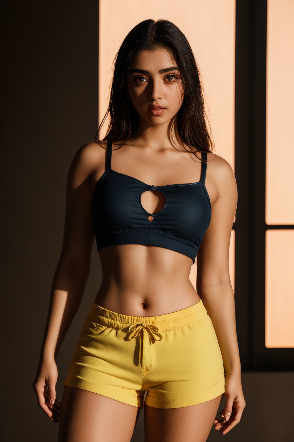 Raw photo of (15 year Beautiful young girl:1.1),  heart_navel_cutout, (best quality, highres, ultra-detailed:1.2), vibrant colors, crop top, very short fit shorts,  glowing dimond, glowing eyes, realistic Raw photo, realistic lighting,  exotic beauty, mesmerizing eyes, girl,most beautiful girl 