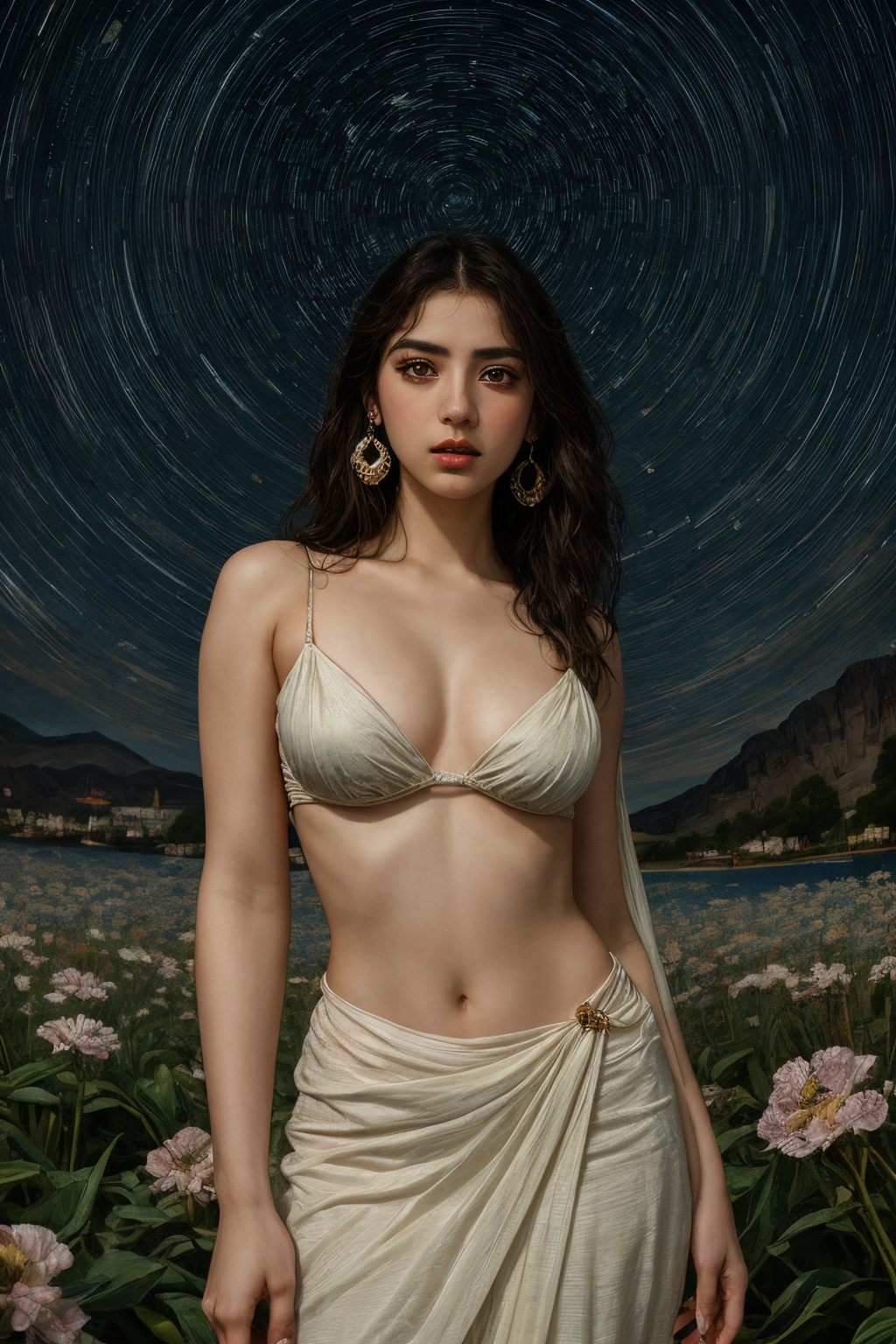1girl, solo, long hair, looking at viewer, brown hair, black hair, brown eyes, jewelry, medium breasts, standing, flower, aqua_earrings, outdoors, lips, toned, realistic, saree, Realistic 8K resolution photography of 1 angry girl to reach the viewer. wearing a white dress, her girlish aura captured in Mucha style, set against a Mucha-inspired Gismonda, meeting the radiance of the Starry Night blue sky with radiant flowers evidencing Mucha's intricate style, Film photo style, realistic skin, Rough skin, fish-eye lens, dramatic lighting, soft lighting.