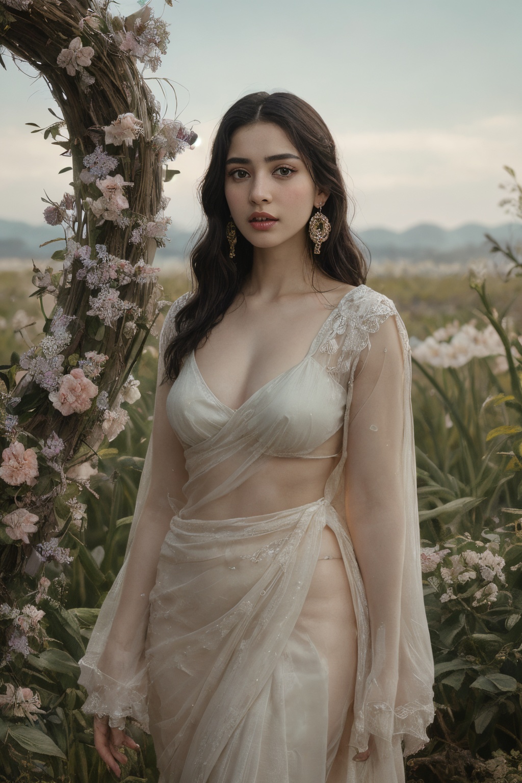 1girl, solo, long hair, breasts, looking at viewer, brown hair, black hair, brown eyes, jewelry, medium breasts, standing, flower, aqua_earrings, outdoors, lips, toned, realistic, saree, Realistic 8K resolution photography of 1 angry girl to reach the viewer. wearing a white dress, her girlish aura captured in Mucha style, set against a Mucha-inspired Gismonda, meeting the radiance of the Starry Night blue sky with radiant flowers evidencing Mucha's intricate style, Film photo style, realistic skin, Rough skin, fish-eye lens, dramatic lighting, soft lighting.