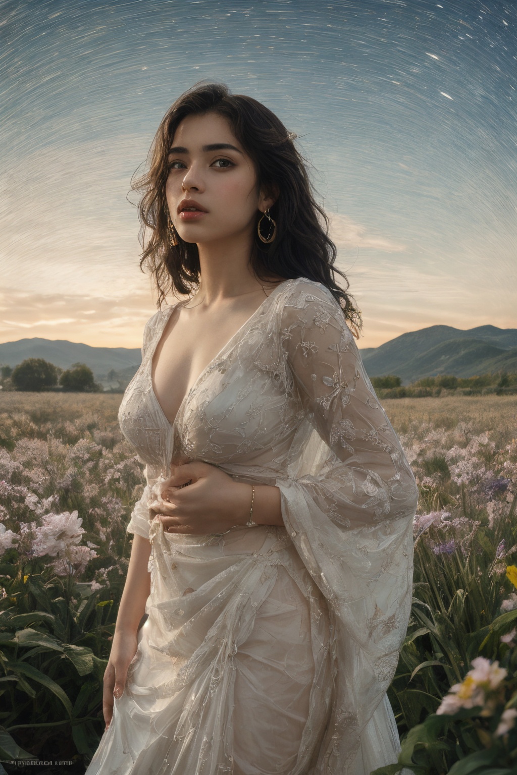 1girl, solo, long hair, breasts, looking at viewer, brown hair, black hair, brown eyes, jewelry, medium breasts, standing, flower, aqua_earrings, outdoors, lips, toned, realistic, saree, Realistic 8K resolution photography of 1 angry girl to reach the viewer. wearing a white dress, her girlish aura captured in Mucha style, set against a Mucha-inspired Gismonda, meeting the radiance of the Starry Night blue sky with radiant flowers evidencing Mucha's intricate style, Film photo style, realistic skin, Rough skin, fish-eye lens, dramatic lighting, soft lighting.