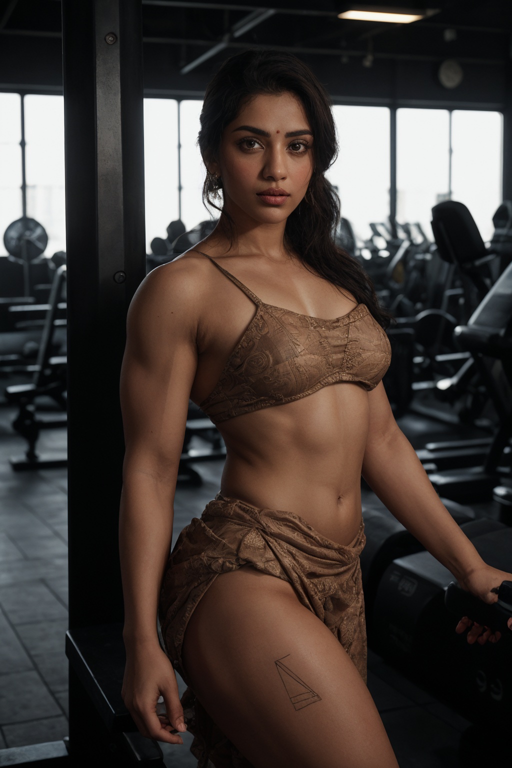 Female bodybuilder draped in a saree, showcasing muscular definition, strikes a powerful pose, sari fabric intricately patterned, blending traditional attire with the modern concept of strength, against a blurred gym background, ambient gym lighting highlighting the contours of her physique, digital painting, ultra fine details, dramatic lighting.