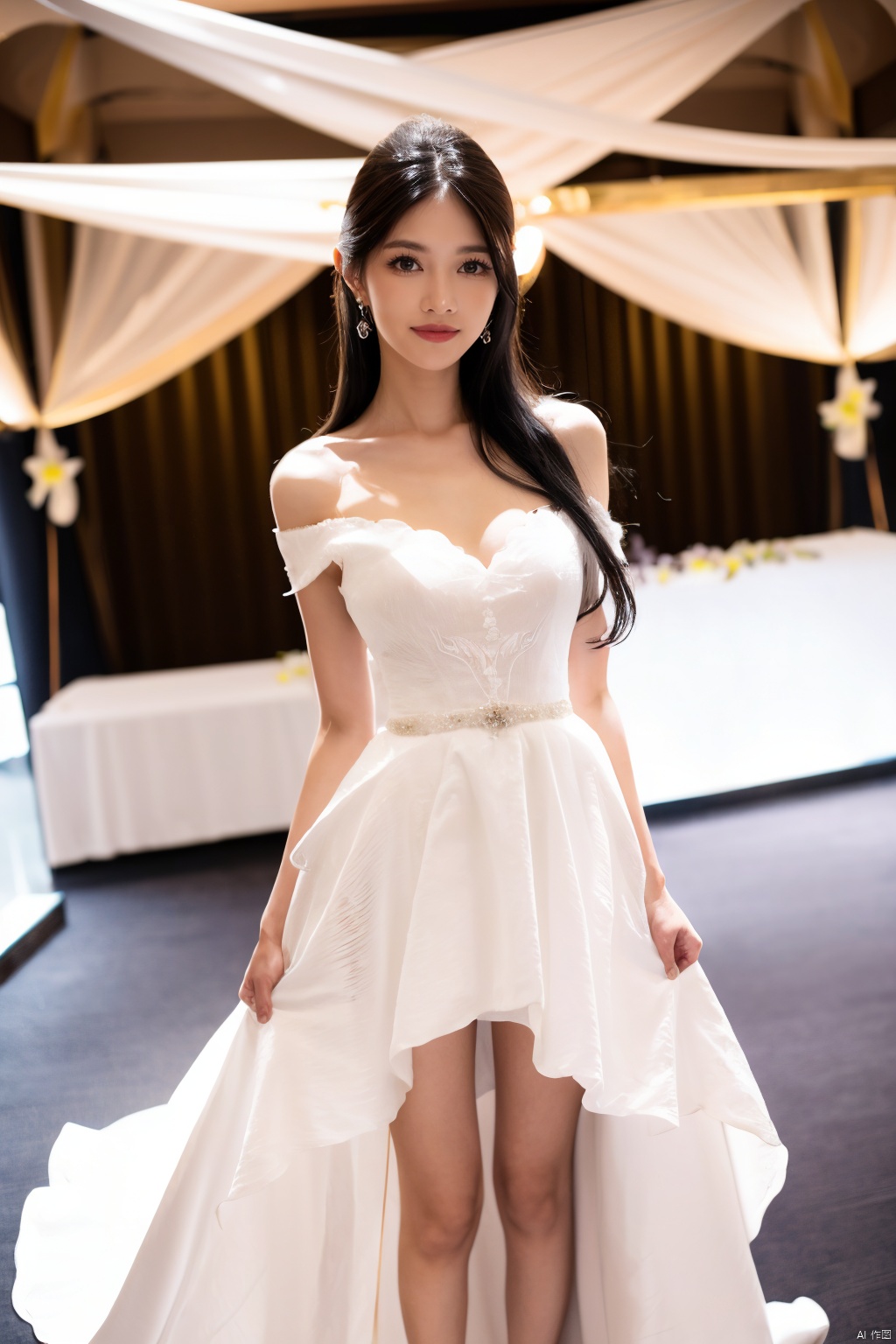 Beautiful bride, beautiful face, smile, close-up, clear facial details, standing in the center of the stage, (wedding dress:1.1), gorgeous stage, sea of flowers, and dazzling lighting, 1girl, solo, long hair, breasts, looking at viewer, smile, brown hair, black hair, dress, bare shoulders, brown eyes, jewelry, standing, flower, earrings, white dress, own hands together, plant, full body, sexy