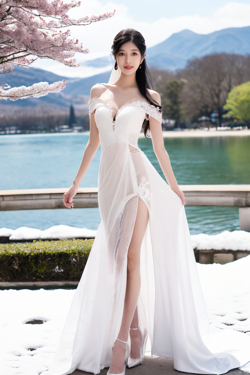 1girl,(full body:1.2),singing solo,long hair,black hair,off the shoulder dress,outdoor,blue sky,white clouds,cherry blossom trees,grass,dancing by the Erhai Lake in Dali,(with flowers blooming by the lake:1.2),(wearing a transparent French long wedding dress:1.3),(Wearing a white transparent long veil on the head:1.2),((Long legs)),Nude Lace Pointed Side Hollow Thin Heels 12cm High Heels Single Shoe,(and a snowy Cangshan in the distance. Dynamic posture:1.2),(see through:1.1), (Breasts:1.2), cleavage, smile, sexy