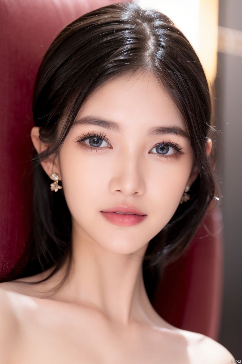 1girl,solo,looking at viewer,short hair,bangs,black hair,holding,brown eyes,jewelry,earrings,parted lips,teeth,medium hair,(cleavage:1.1),nail polish,lips,fingernails,head tilt, book, eyelashes, ring, portrait, red background, hand on own face, blue nails, head rest, (glint:1.2), (wand:1.1), hand on own cheek, sexy