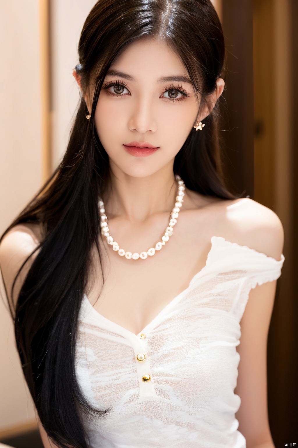 1girl,solo,long hair,looking at viewer,black hair,hair ornament,jewelry,necklace,lips,blurry background,single horn,beads,realistic,red lips,pearl necklace,pearl, sexy