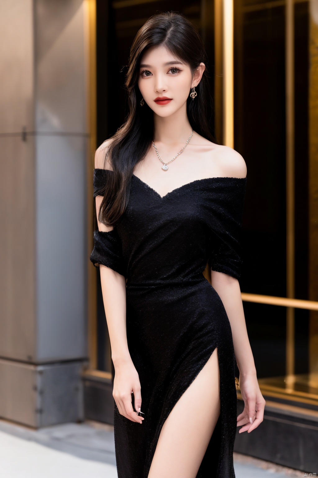 Top of the line CG,highest image quality,masterpiece,exquisite and delicate beautiful girl,175cm beautiful woman,Thin,tall and slender figure,imperial sister,queen temperament,fair skin,((long legs)),perfect facial features,bright eyes,seductive posture,red lips,beautiful and cold (big breaks)),beautiful and heroic,soft and long hair,sparkling,lace edge,mesh,visible skin through perspective,diamond earrings,ruby necklace,(evening dress),8k image quality,(realistic portrait),characters fill the screen,(Facial lighting),((Standing),street scenery,film,(Black clothes:1.5), sexy
