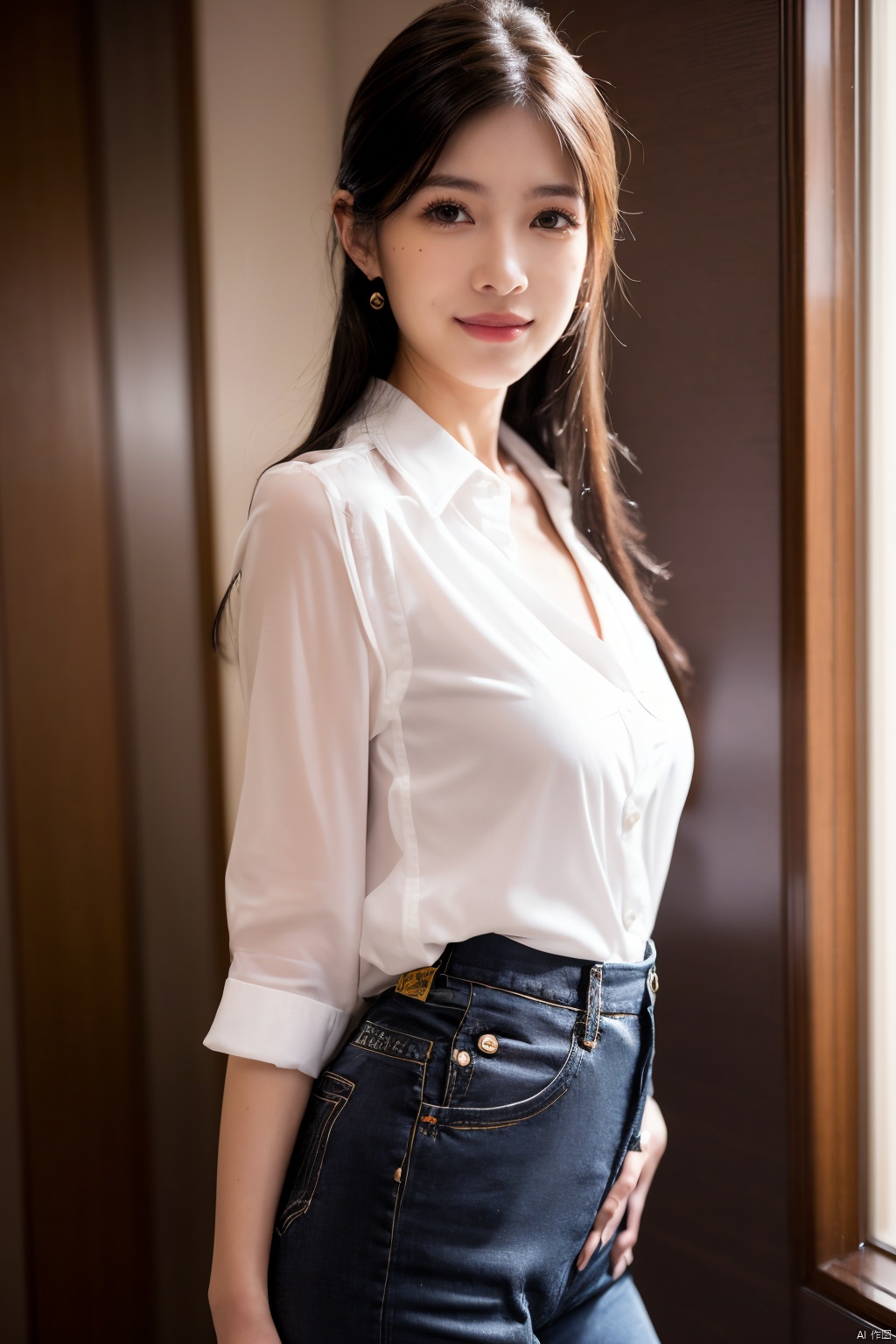1girl, photorealistic, masterpiece, best quality,Red, realistic,wearing a slightly unbuttoned blouse, smile,looking at viewer, sexy