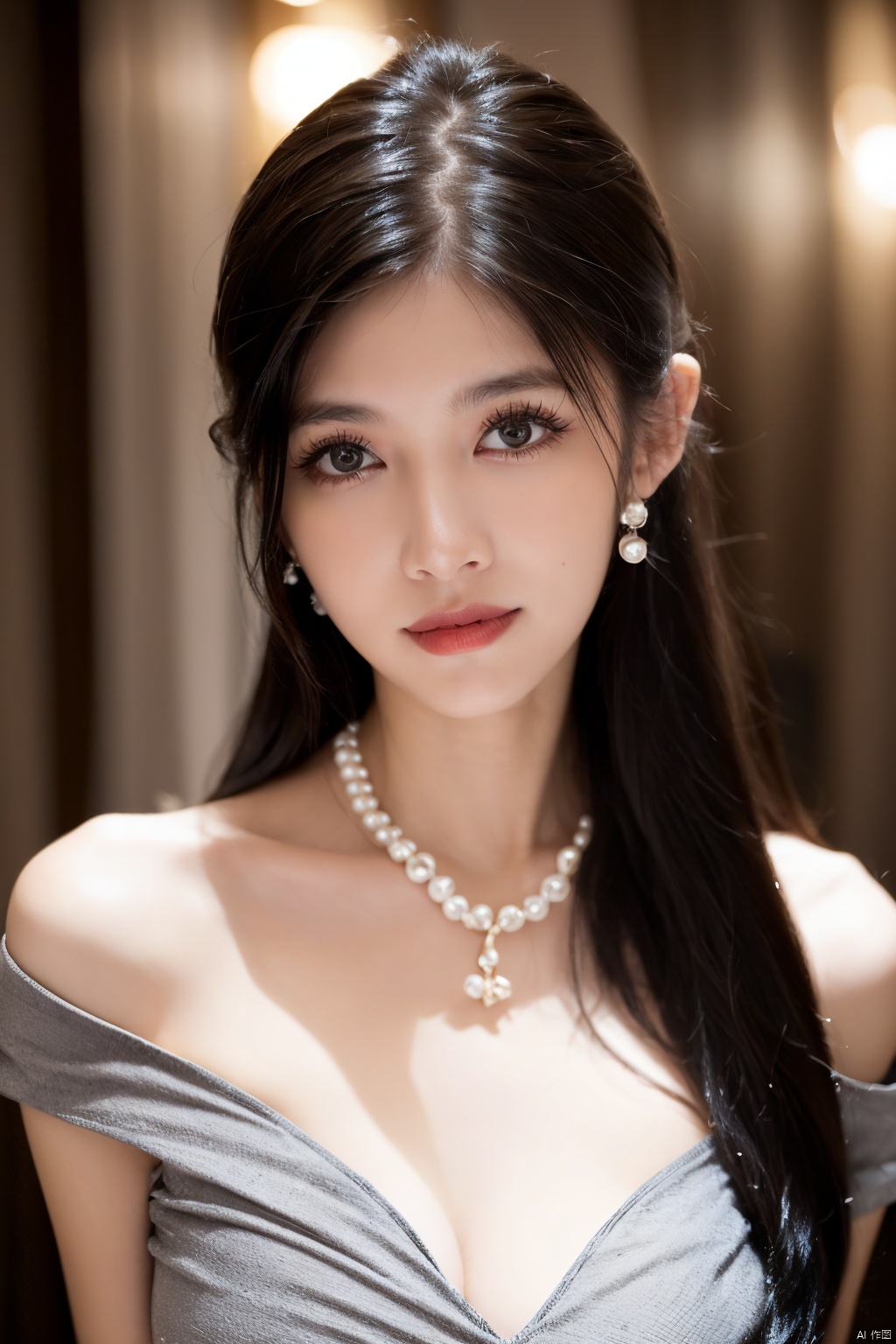 1girl,solo,long hair,looking at viewer,black hair,hair ornament,jewelry,necklace,lips,blurry background,single horn,beads,realistic,red lips,pearl necklace,pearl, sexy