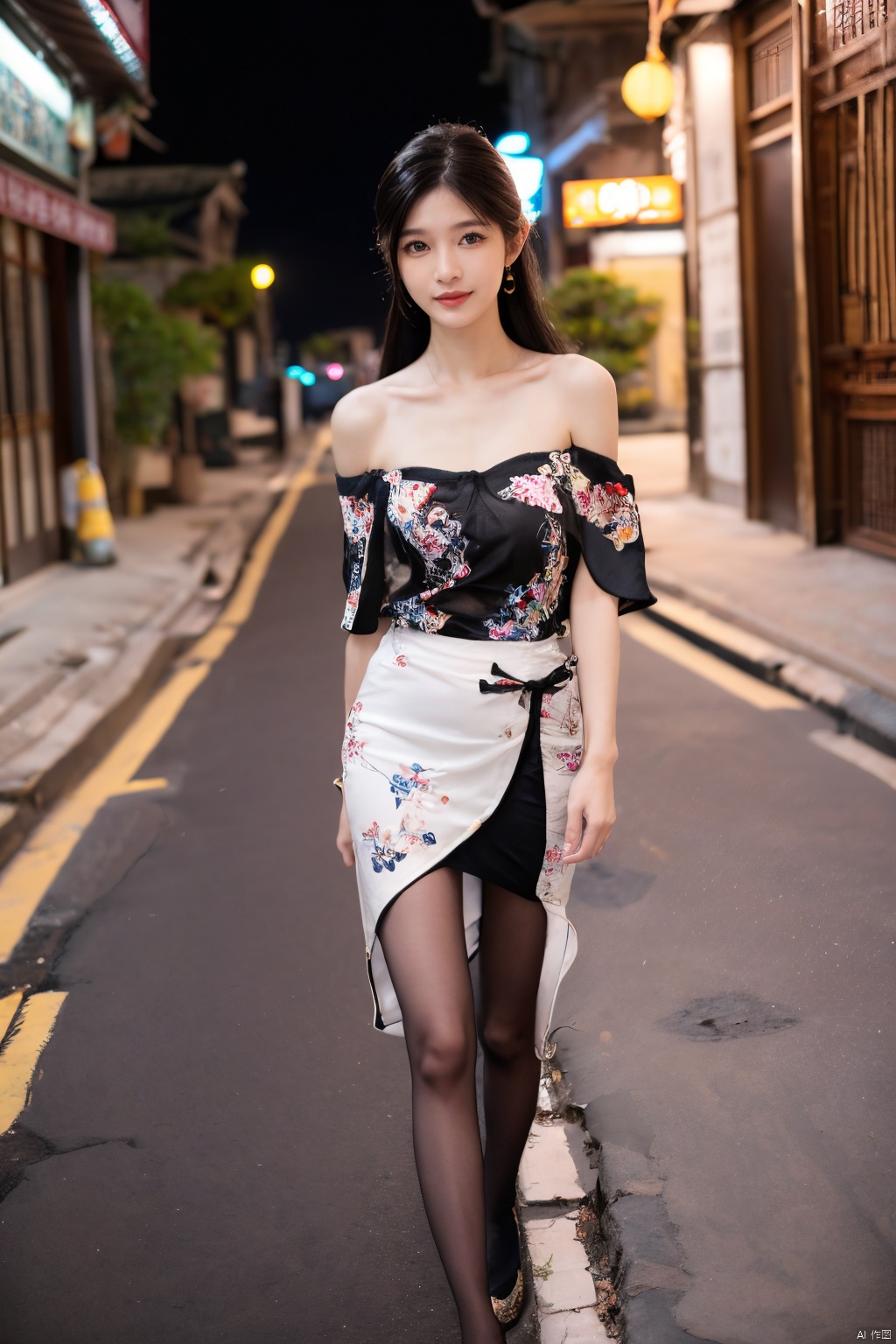 realistic,RAW photo,dslr,film grain,Fujifilm XT3,night shot,1girl,goddess women,(curly hair, long hair),(thigh,off shoulder:1.2),([:see-through:4]:1.4) (red floral print hanfu:1.1),pencil skirt,black pantyhose,(deserted street:1.3),Backlit,Bokeh,Contrast Filters,(smile:0.8),looking at viewer,(china jiangnan water town style:1.1),water,wet, sexy