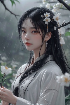  (\yan yu\),(rainning:1.1),1girl, solo, jewelry, long hair, earrings, hair ornament, black hair, branch, flower, upper body, blurry background, chinese clothes, dress, hair flower, black eyes, closed mouth, realistic